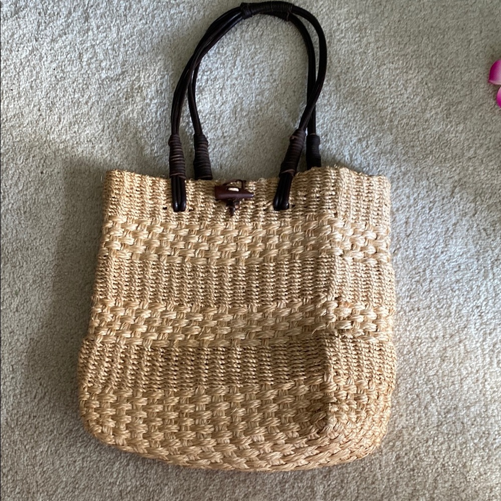 Moyna Tan Woven Tote Bag with Basket-Weave Pattern